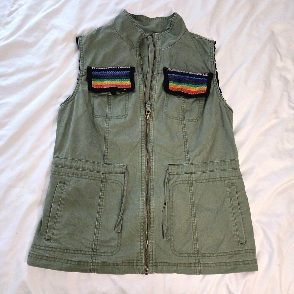 Merona y2k Zip Vest Green Pockets Safari Cinch Waist Utility Canvas Rainbow Lg